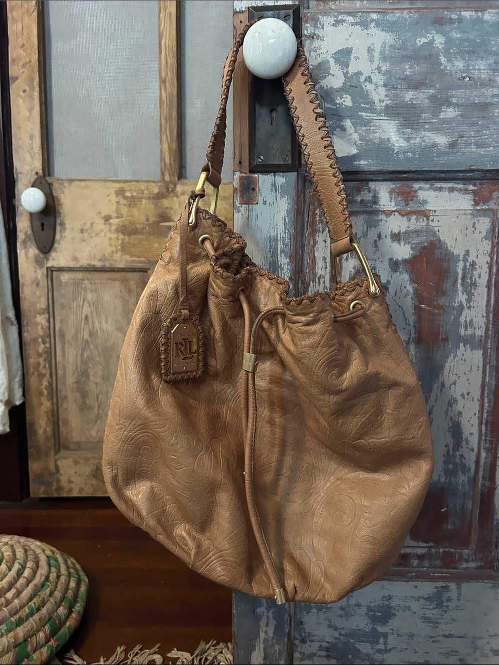 Ralph Lauren Tan Embossed Leather Drawstring Hobo
